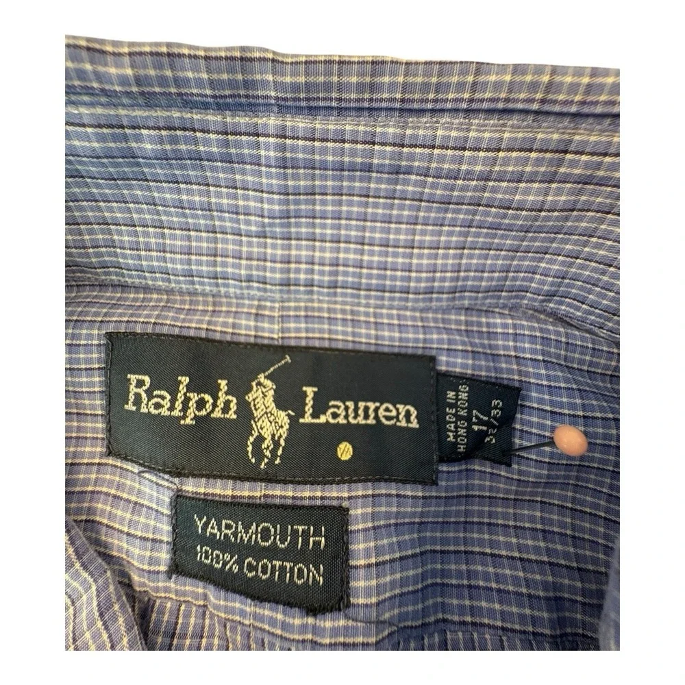 Vintage‎ Ralph Lauren Yarmouth Blue Plaid Shirt Size 17-33 Made HK